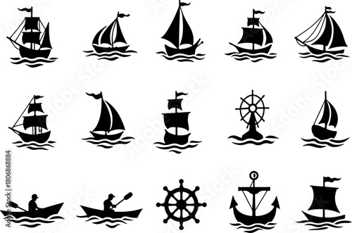 Nautical Silhouette Collection of Ships, Waves, and Maritime Symbols