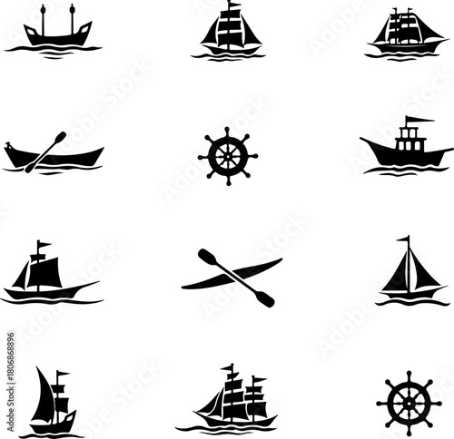 Nautical Silhouette Collection of Ships, Waves, and Maritime Symbols