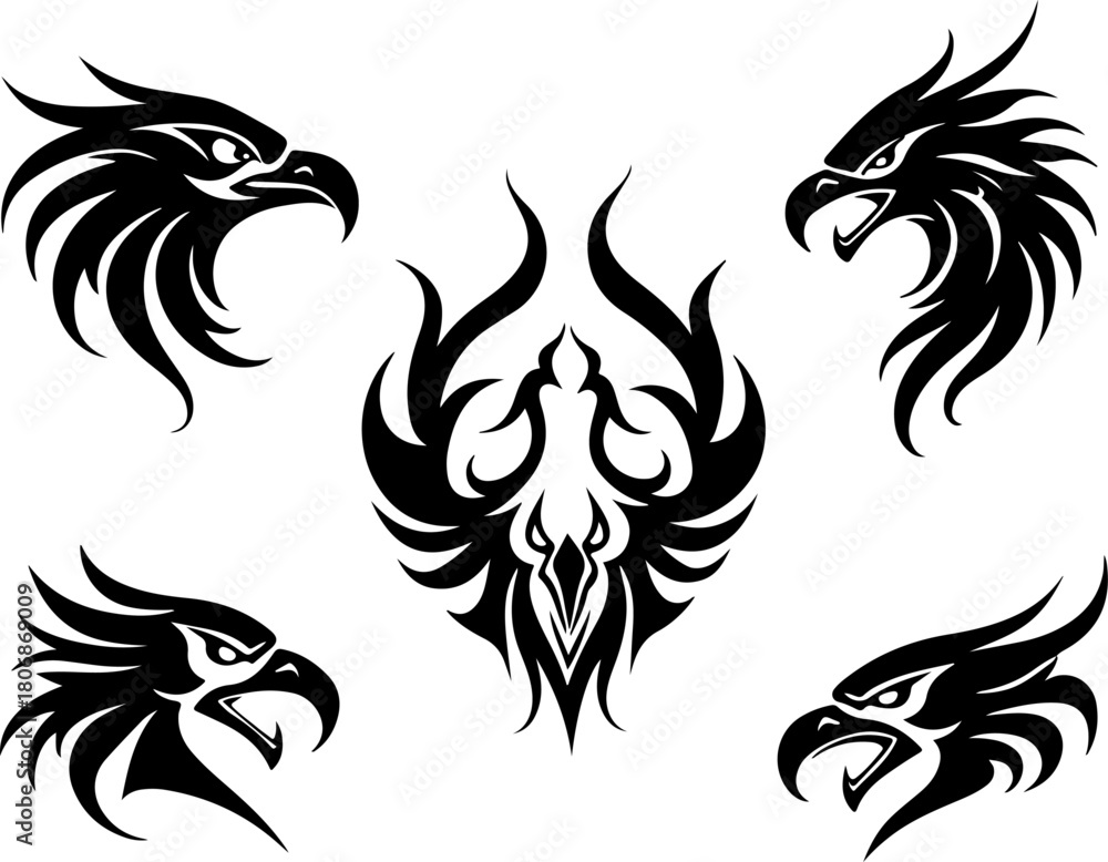 Fototapeta premium Tribal Phoenix and Eagle Silhouette Tattoo Designs