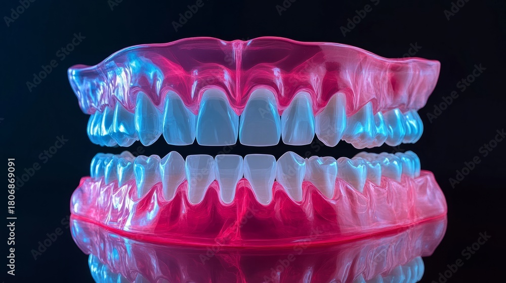 Obraz premium Transparent dental aligners displayed in a striking arrangement, showcasing their intricate design and functionality, emphasizing modern orthodontic solutions and aesthetic appeal