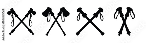 Silhouettes of crossed trekking poles for outdoor activity