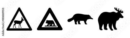 Road safety: wildlife warning signs and animal silhouettes