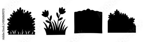 Stylized nature silhouettes: bushes, flowers and landscape