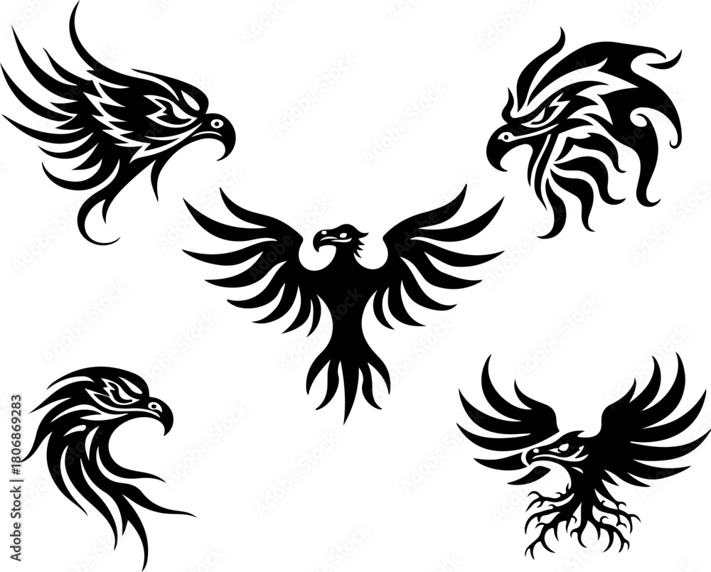 Obraz premium Tribal Eagle Silhouette Bundle – Fierce Bird Head & Winged Eagle Vector Set