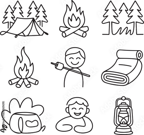 Camping icon, outdoor adventure, campfire roasting, tent shelter, lantern light, sleeping bag
