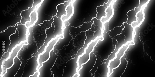 Dramatic Electric Lightning Strikes Abstract Pattern on Black Background.Lightning Effect Overlay, Isolated Electric Thunderstorm Bolt Strikes on Dark Night Sky Background.


