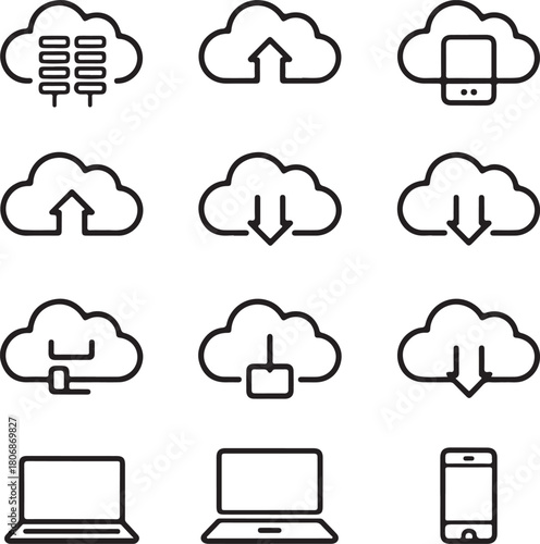 Cloud icons, data upload, file download, server storage, laptop connection, network sync