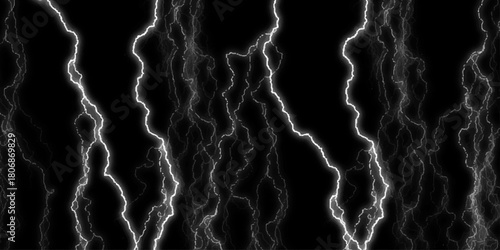 Dramatic Electric Lightning Strikes Abstract Pattern on Black Background.Lightning Effect Overlay, Isolated Electric Thunderstorm Bolt Strikes on Dark Night Sky Background.

