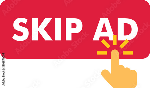 Hand clicking skip ad button avoiding online advertisement with finger touching a red rectangle