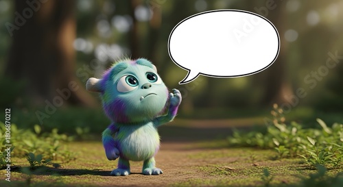 Curious Fluffy Green Monster with Speech Bubble Standing on Forest Path