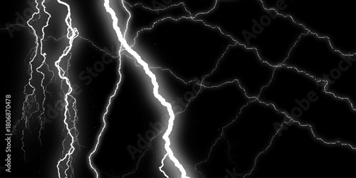 Dramatic Electric Lightning Strikes Abstract Pattern on Black Background.Lightning Effect Overlay, Isolated Electric Thunderstorm Bolt Strikes on Dark Night Sky Background.

