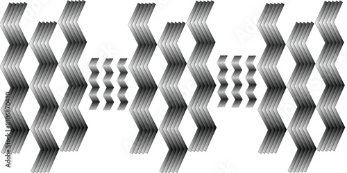Abstract black and white graphic design featuring repeating zigzag and wavy line patterns creating a visual illusion.