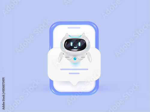 3D friendly chatbot from smartphone with speech bubbles, symbolizing AI communication and virtual support. Concept of AI and machine learning. 3D Rendering. Vector illustration