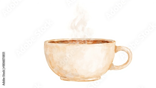 Realistic hand-painted watercolor clipart of a steaming coffee cup, isolated on white background for cozy scenes