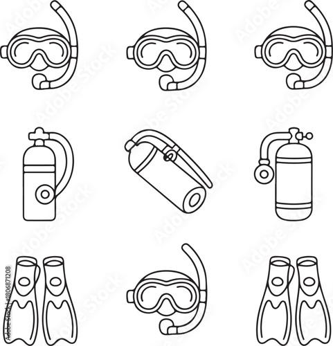 Scuba diving, underwater swim, snorkel mask, oxygen tank, flippers, water sport gear