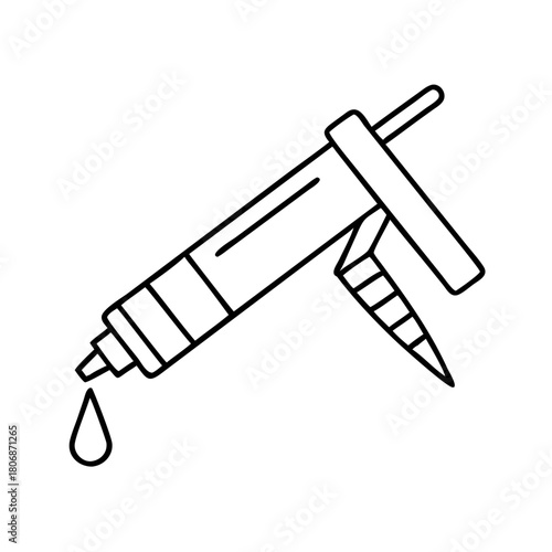 Simple line art illustration of a caulking gun with a dripping droplet