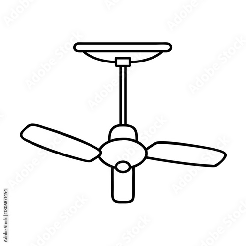 Simple line drawing of a ceiling fan with three blades suspended