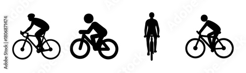 Set of black silhouette bicycle riders on a plain background