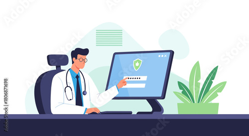 Doctor accessing secure patient information system to maintain confidentiality and privacy of