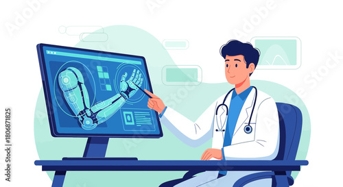 Doctor analyzing robotic arm interface on a computer screen for medical treatment and future