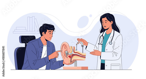 Doctor explaining ear anatomy to patient with model for hearing consultation clarity