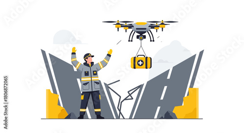 Drone assisted emergency services delivering medical supplies after bridge collapse concept