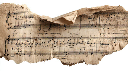 Torn corner of faded music sheet, old vintage ripped paper scrap with notes isolated for design