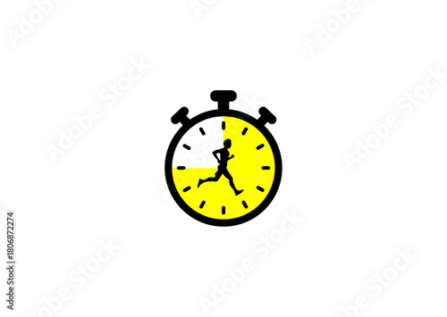 A minimalist stopwatch icon featuring a running silhouette in the center, with a yellow highlighted section symbolizing speed, timing, and athletic performance.
