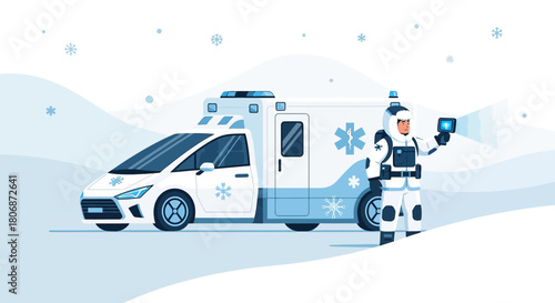 Emergency response team and futuristic ambulance navigate snowy winter landscape to save lives