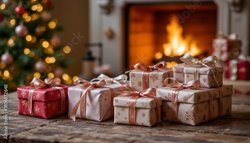 Festive Holiday Scene with Presents and Christmas Tree