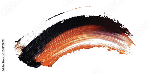 Thick textured paint brush stroke in black and orange hues with visible bristle marks and glossy sheen on white background