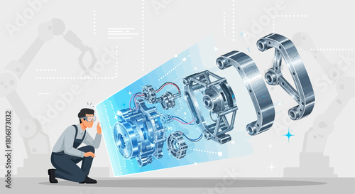 Engineer inspecting a futuristic engine design in a holographic projection display