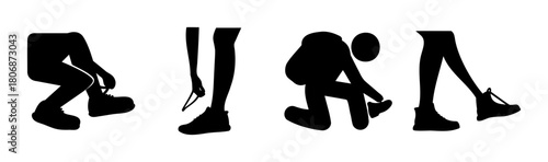 Silhouettes of people tying and untying shoelaces activity