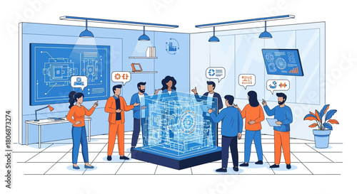 Engineering Team Discussing a Holographic Prototype of a Complex Machinery Component