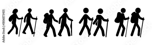 Abstract hikers with poles and packs walking in line vector