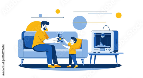 Father and son spending quality time together while 3d printing a teddy bear for the boy