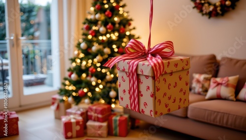 Festive Christmas Scene with Decorated Tree and Gifts