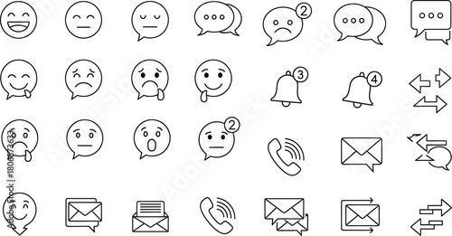 Hand drawn social media doodles isolated on white background with emoticons and notification icons