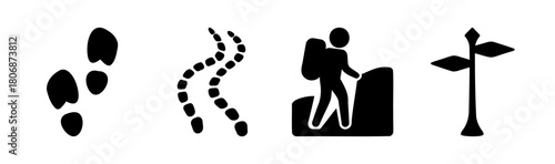 Hiking and trekking icons set with footsteps, path, hiker, signpost