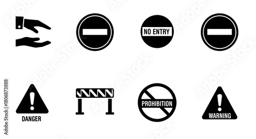 Collection of Safety and Prohibition Signs, Black and White Vector Icons Set Isolated