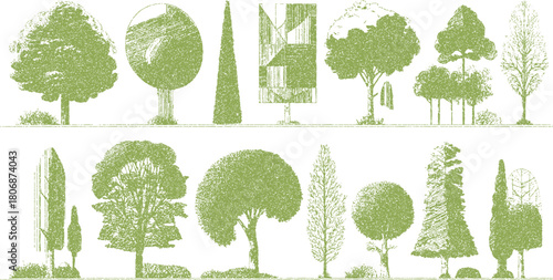 Collection of various green trees and bushes in a textured graphic style on a white background nature