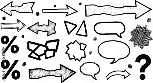 Hand drawn doodle set with arrows, speech bubbles, and symbols isolated on white background