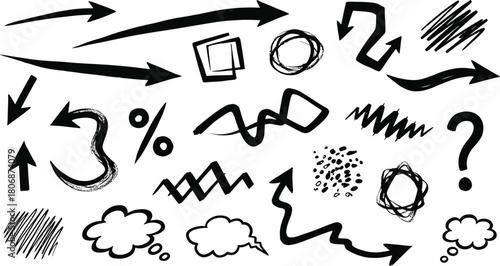 Hand drawn doodle set with arrows, speech bubbles, and symbols isolated on white background