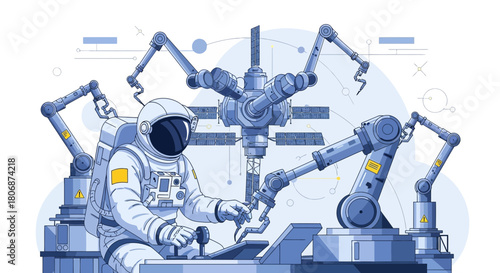 Futuristic astronaut operating robotic arms for space station construction and repair operations