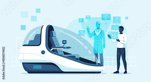 Futuristic diagnostic pod with doctor and patient in a digital healthcare setting showcasing