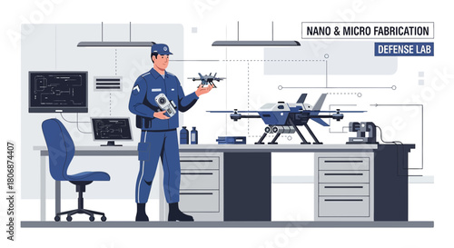 Futuristic defense laboratory with engineer inspecting sophisticated drones in a high-tech setting