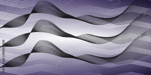 Dynamic purple and white abstract background featuring elegant flowing wavy lines and subtle geometric patterns.