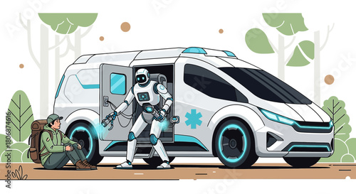 Futuristic healthcare: Robot paramedic assisting a hiker in a serene woodland setting near