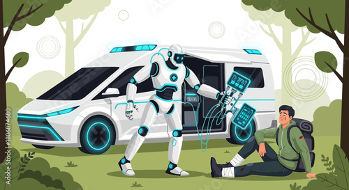 Futuristic healthcare: Robot paramedic assisting injured hiker with ambulance in serene forest