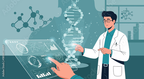 Futuristic healthcare: Scientist with high-tech interface exploring innovative biotechnology